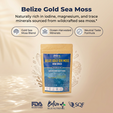 Belize Gold Sea Moss package with product details on a beige background