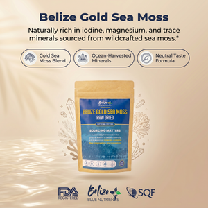 Belize Gold Sea Moss package with product details on a beige background