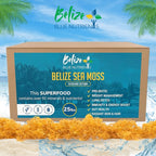 Box of Belize Sea Moss with product details on a scenic background