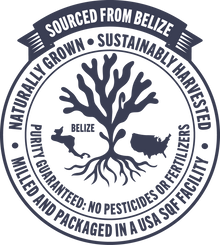 Logo with tree design and text about sourcing from Belize, sustainability, and purity guarantees.