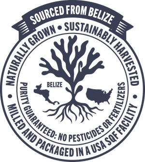 Logo with tree design and text about sourcing from Belize, sustainability, and purity guarantees.