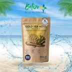 Gold Sea Moss package with Belize Blue Nutrients branding on a beach and ocean background