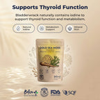 Gold Sea Moss package with text about thyroid function support on a beige background