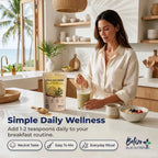 Woman in a kitchen preparing a smoothie with Gold Sea Moss packaging, promoting simple daily wellness.