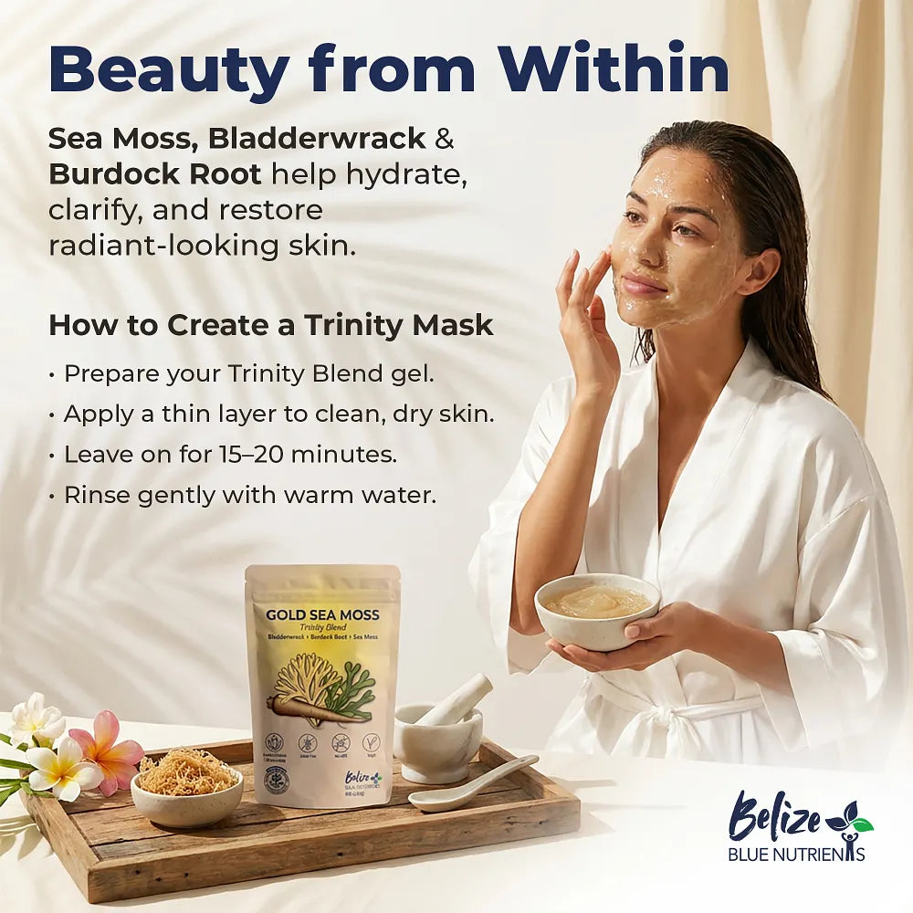 Woman applying a Trinity Mask with Sea Moss, Bladderwrack, and Burdock Root ingredients on a white background.