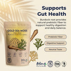 Gold Sea Moss package with text about gut health support and product features.
