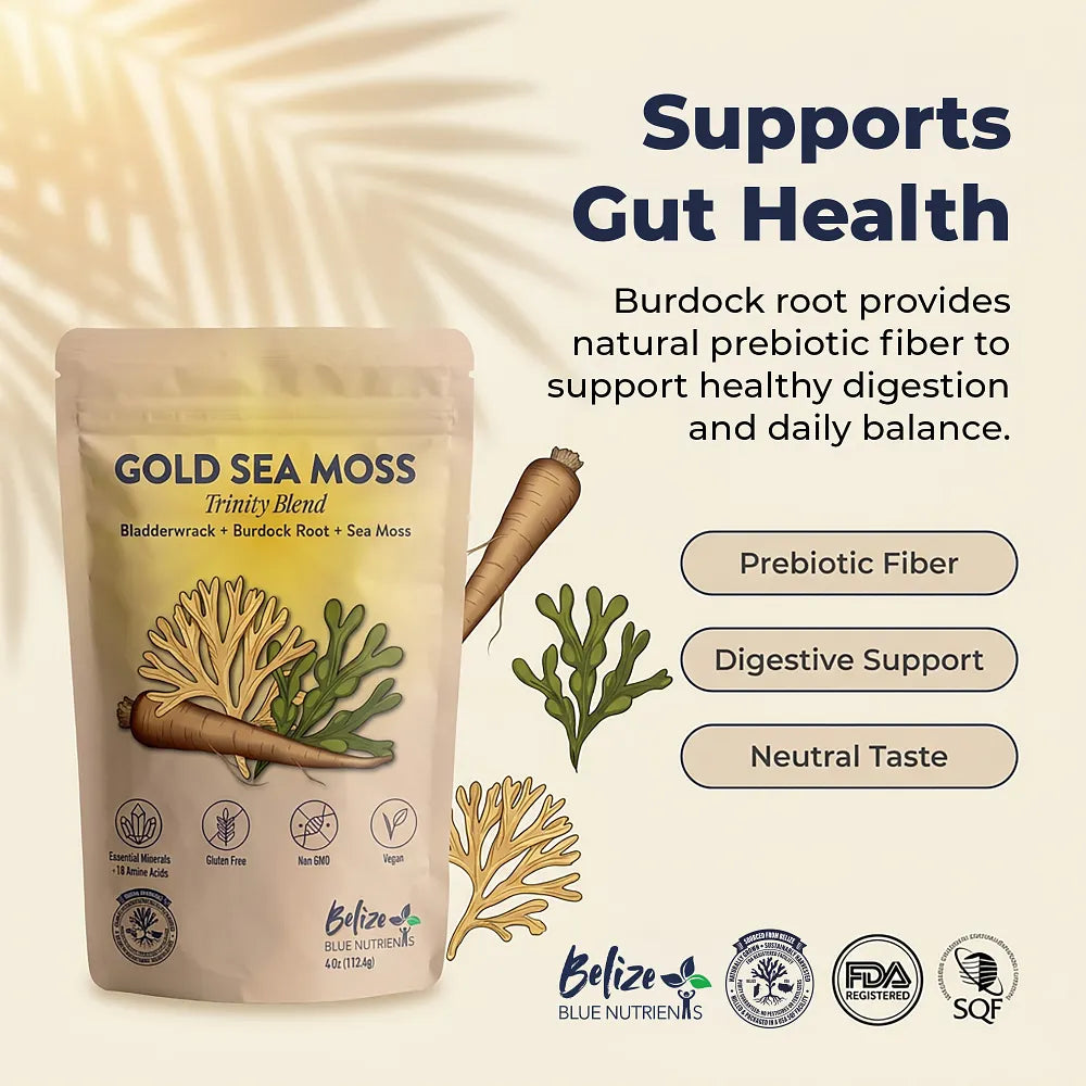 Gold Sea Moss package with text about gut health support and product features.