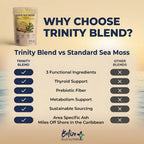 Comparison chart of Trinity Blend vs Standard Sea Moss with product packaging on a blurred natural background.